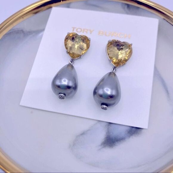 NWOT Tory Burch Silver Citrine Crystal Gray Pearl Dangle Stud Earrings - Picture 5 of 10